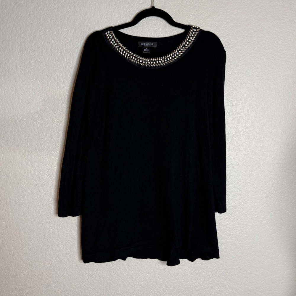 August Silk Womens XL Black Sweater Embellished Rhinestone‎ Neck Long Sleeve